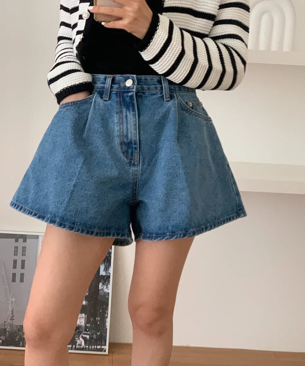 REALEFT 2024 New High Waist Washed Women's Denim Wide Leg Shorts Summer Buttons Casual Female Blue Jeans Trouses Pockets