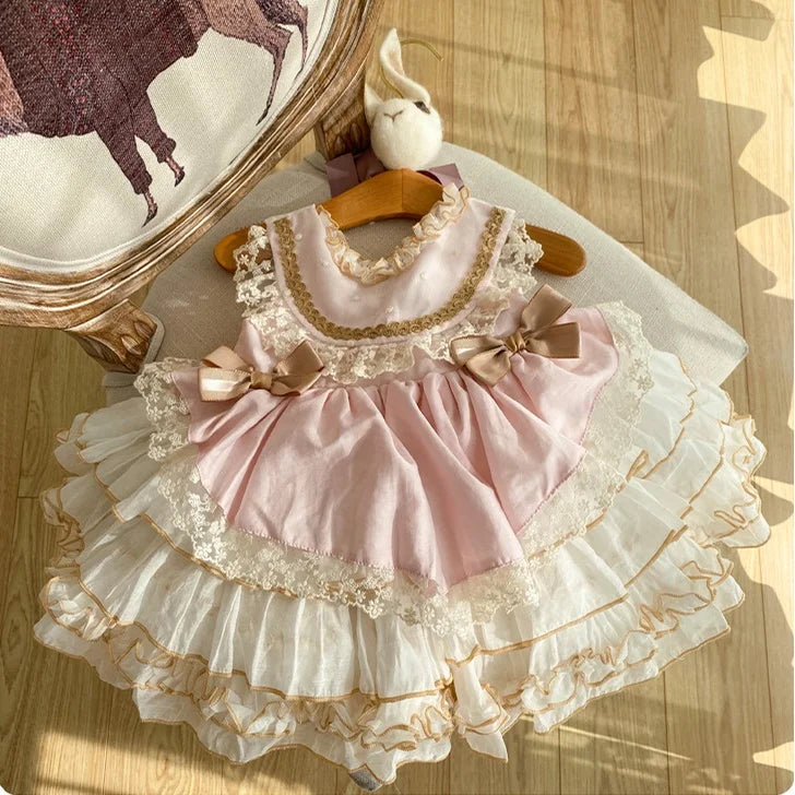 Girl's Princess Lolita Dress 2025 New Sweet Bow Embroidered Puffy Dress Carnival Eid al Fitr Birthday Performance Clothing