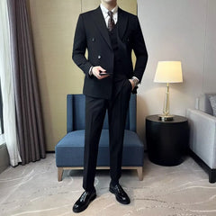 British Style Trendy Men's Blazer Black Double Breasted Slim Fit Suit Jacket