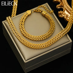 Stainless Steel Gold Color Thick Chain Choker Necklace Bracelet for Women Fashion