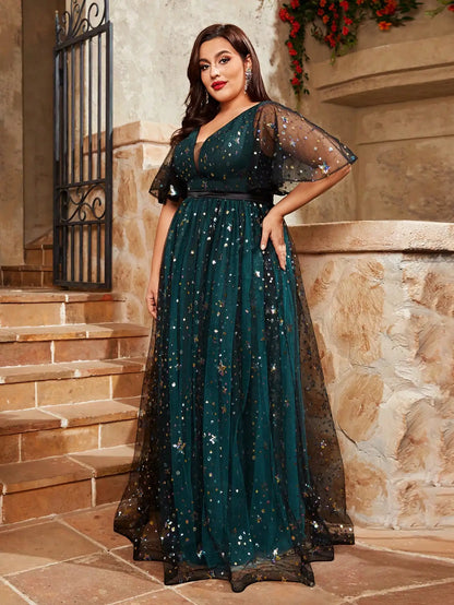 Mgiacy plus size V-neck sequin embroidered contrasting double mesh full skirt Evening gown Ball dress Party dress