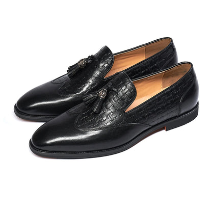 Luxury Men's Wedding Dress Shoes Genuine Cow Leather Plaid Print Wingtip Toe Tassel Loafer Formal Shoes for Men Brown Black