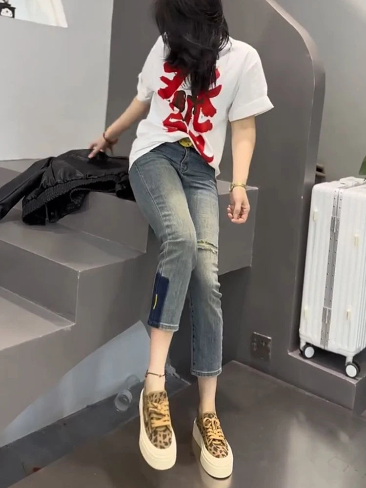Y2k Pants Style High Waist Elastic Hole Small Feet Jeans