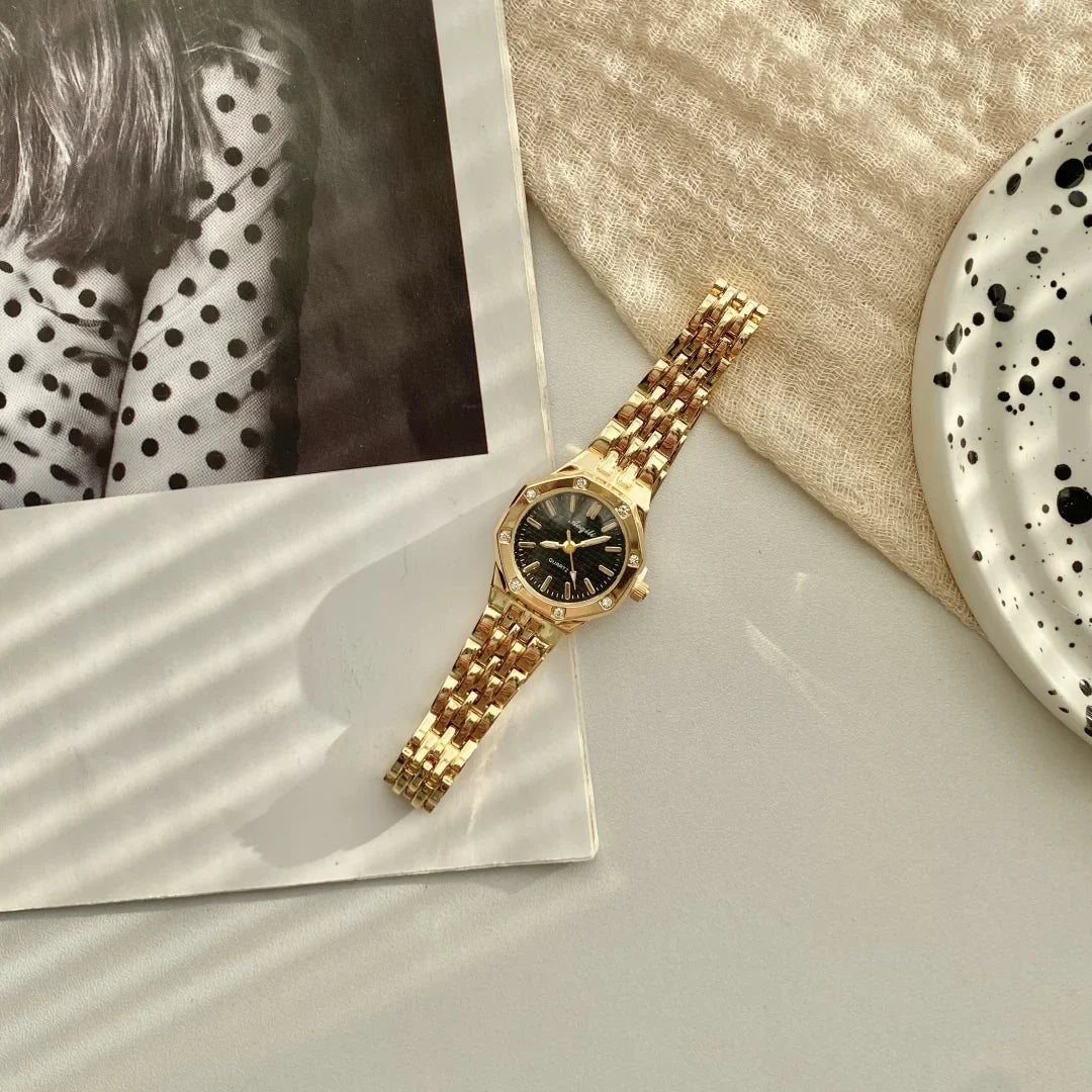 Women's Fashion Round Room Gold Steel Band Quartz Wristwatch Luxury Ladies Golden Watch for Women Clock Female Reloj
