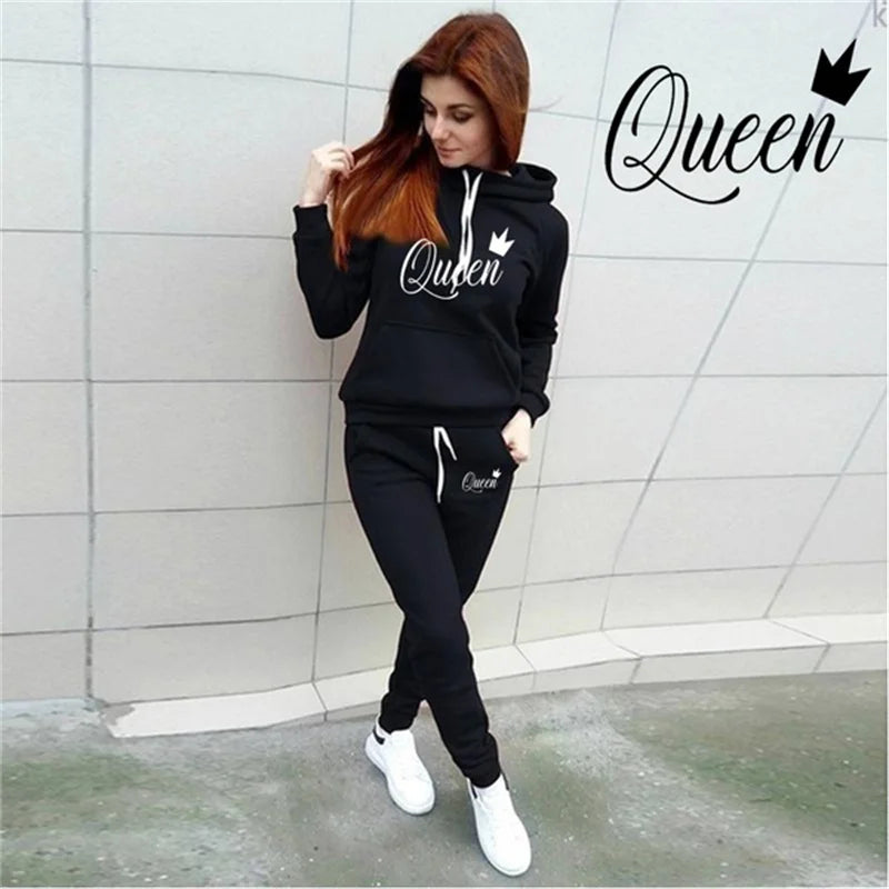 Women's 2-piece QUEEN print sports suit sportswear jogging suit women's hooded