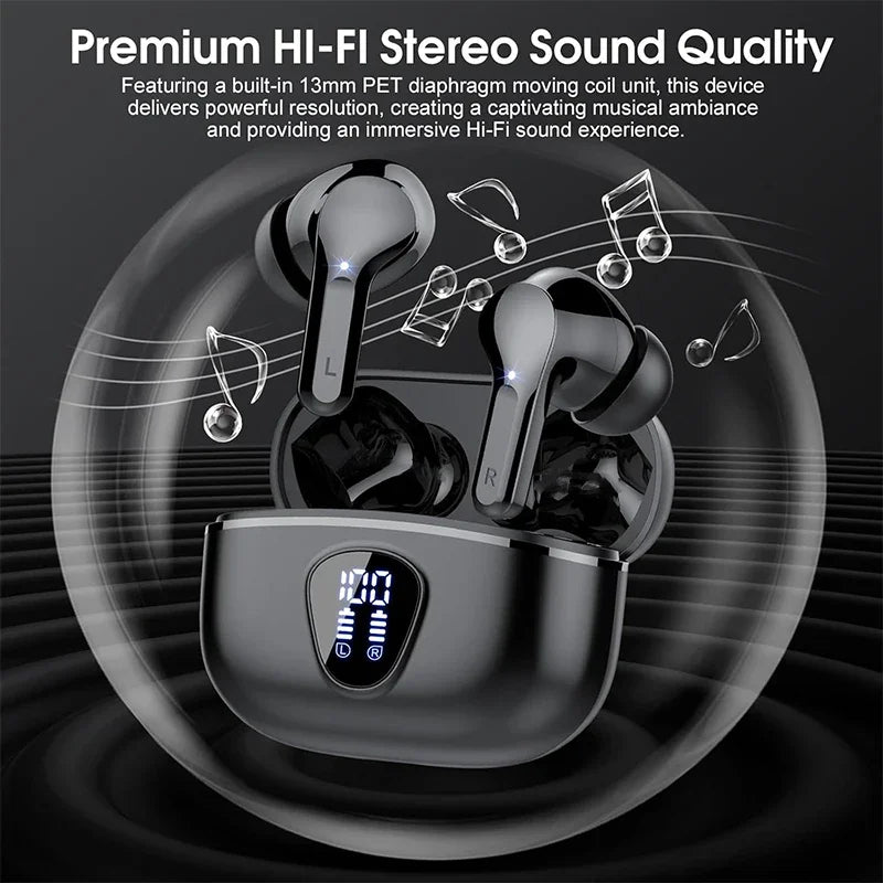 New Wireless Earbuds HiFi Stereo Headphones BT5.3 with ENC Noise Cancelling 48H LED Display Ear Buds IP7 Waterproof Earphones