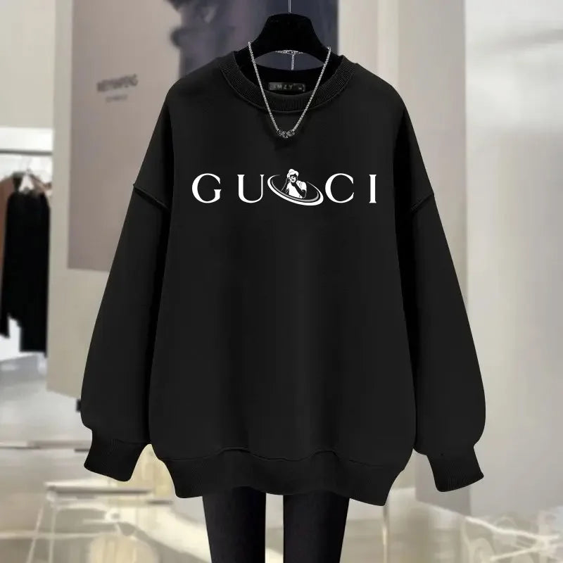 Women's O-Neck Hoodie Letter Printed Loose Long Sleeved Sweatshirt Woman Vintage