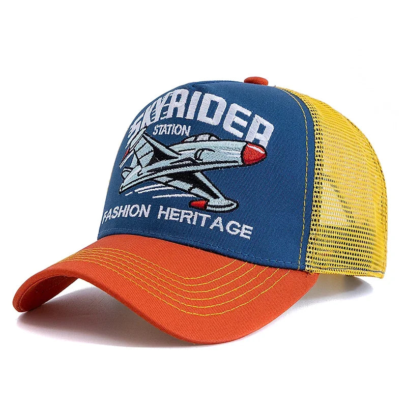 New Style Breathable Mesh Cap Outdoor Baseball Cap Men Women SKY RIDER Embroidered Pattern Snapback Trucker Hat Cap