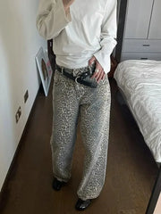 Leopard Print Jeans Woman Y2k Retro Street American Wide Leg Korean Style Jeans