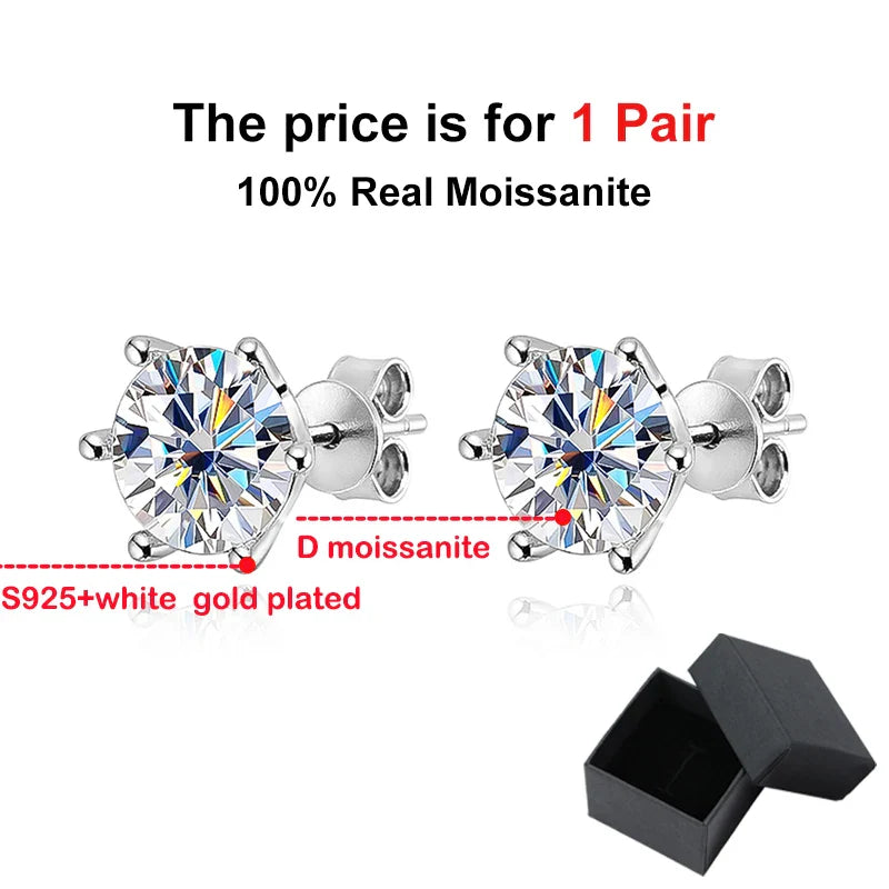 EWYA 0.2/0.5/2ct D Color Moissanite Screw Stud Earrings for Women Men Silver 925 Plated 18K Pass Diamond Test 6 Prong Earring