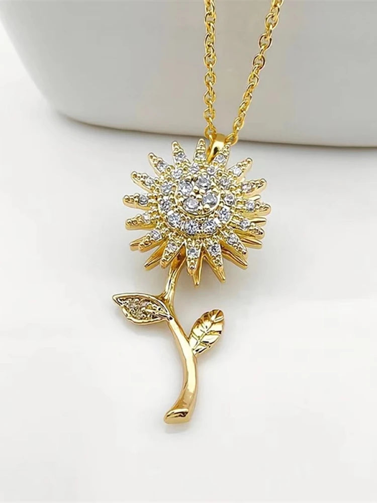 Fashionable Double Layer Rotatable Sunflower Flower Necklace for Girls, Versatile