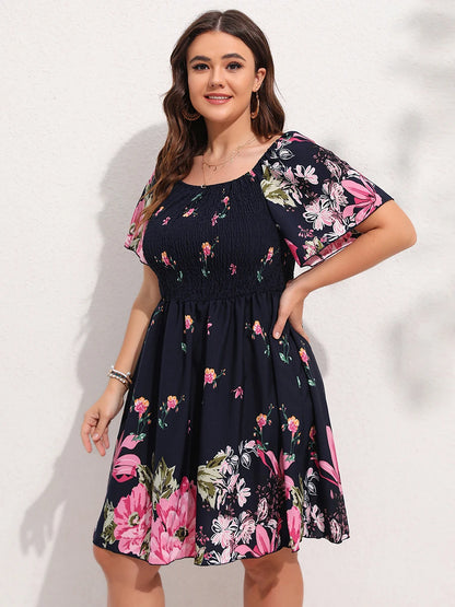 Finjani Allover Floral Print Shirred Midi Dress Plus Size Lantern Sleeve High Waist Dresses For Women 2023 Summer