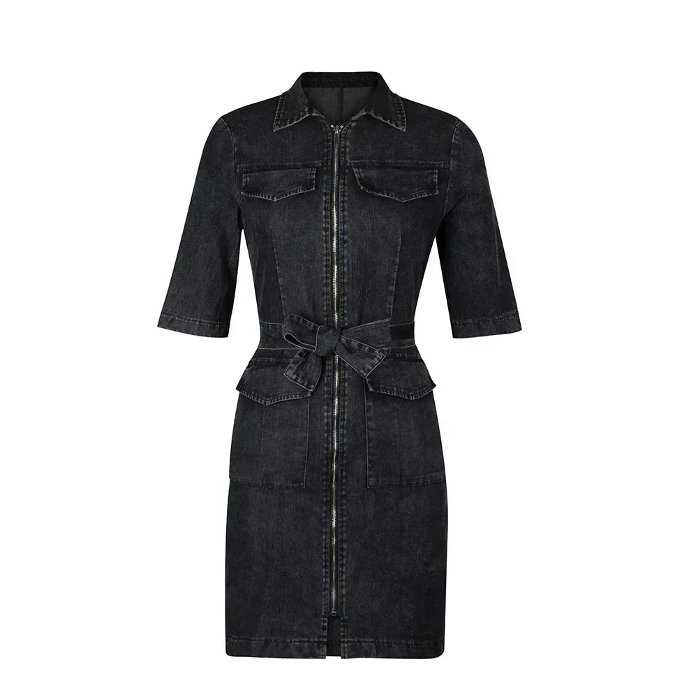 Women Denim mini Dresses Zipper Solid Color Dress Turn Down Collar Belt Streetwear Pockets Short Sleeve Slim Fit Sexy summer