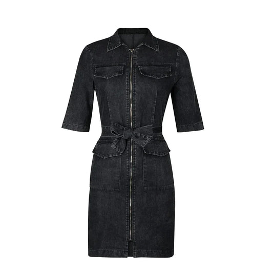 Women Denim mini Dresses Zipper Solid Color Dress Turn Down Collar Belt Streetwear Pockets Short Sleeve Slim Fit Sexy summer