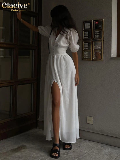 Clacive White Sexy Single-Breasted Women'S Dress 2022 Elegant Short Sleeve V-Neck Party Dresses Lady Casual Slim Midi Dress