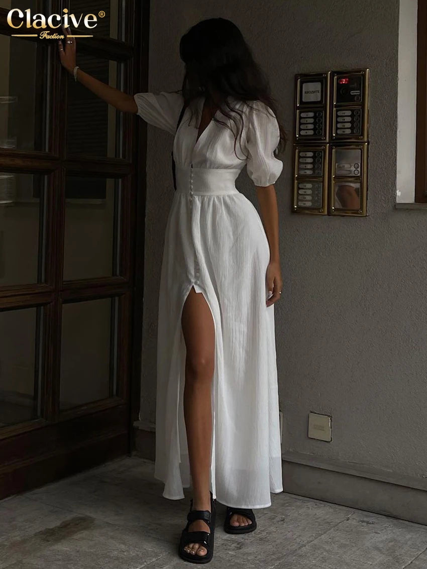 Clacive White Single-Breasted Women'S Dress