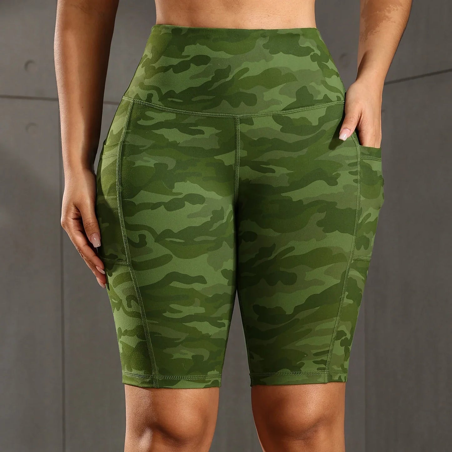 CHRLEISURE Women Solid Yoga Shorts with 3 Pockets High Waist Butt Lifting Workout Tights Gym Elastic Cycling Shorts Activewear