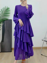 Pleated Women Dress Women Full Flare Sleeve A Line Spliced Ruffles Round Collar