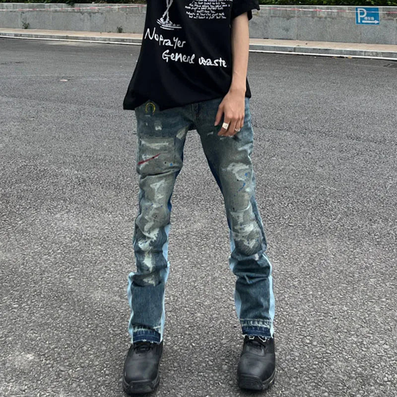 High Street Retro Ink Splash Patchwork Ripped Jeans Flare Pants Men and Women