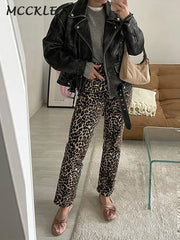 Leopard Print Jeans Trousers Women Elegant Slim Button Zipper Pencil Pants