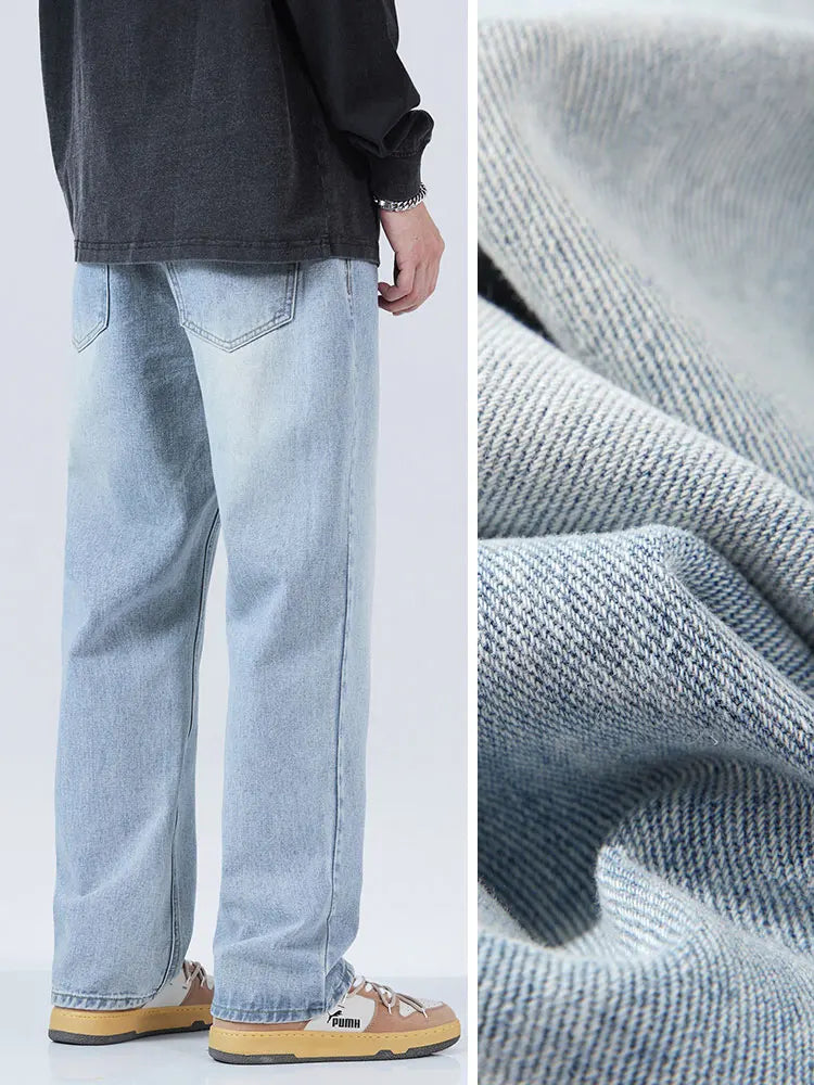 Blue Jeans Men Korean Vintage Banding Waist Denim Cotton Casual Wide-Leg Long Pants
