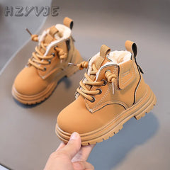 Children's Fashion Boots Winter Thickened Boys Girls' Anti Slip Warm Leather Boots Side Zipper Solid Color Kids Casual Shoes