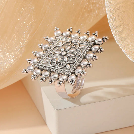 Vintage Silver Color Square Women's Adjustable Ring Flower Bohemian Ethnic Geometric