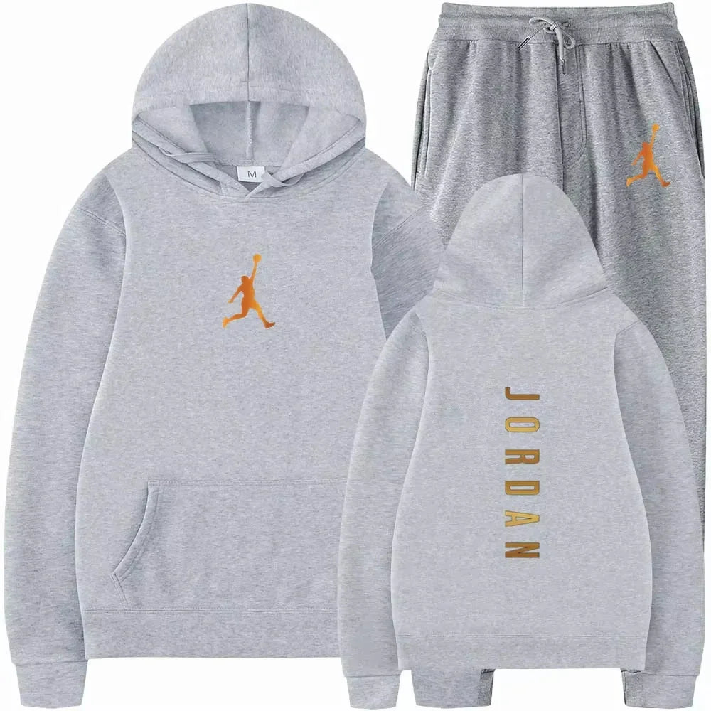 Men's pullovers for autumn and winter, solid-color hoodie + stretch waist jogging pants two-piece set, fashionable outdoor casua