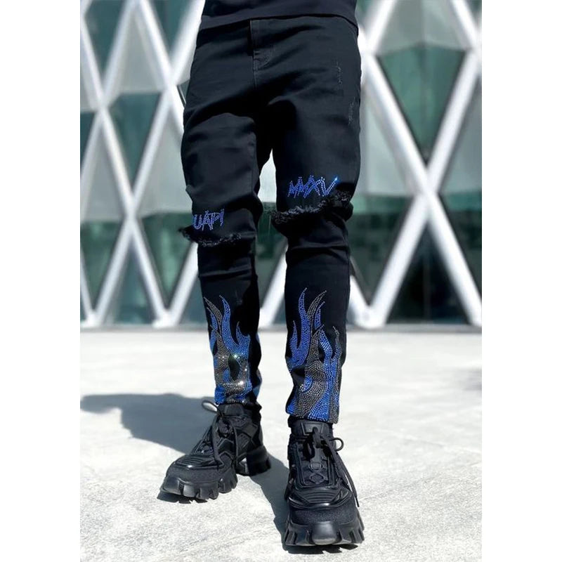 Men Luxury Black Stretch Skinny Ripped Jeans Hot Drilling High Quality Designer