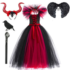 Witch Dress Halloween Evil Role Playing Costume Knitted Tulle Tutu Ruffles