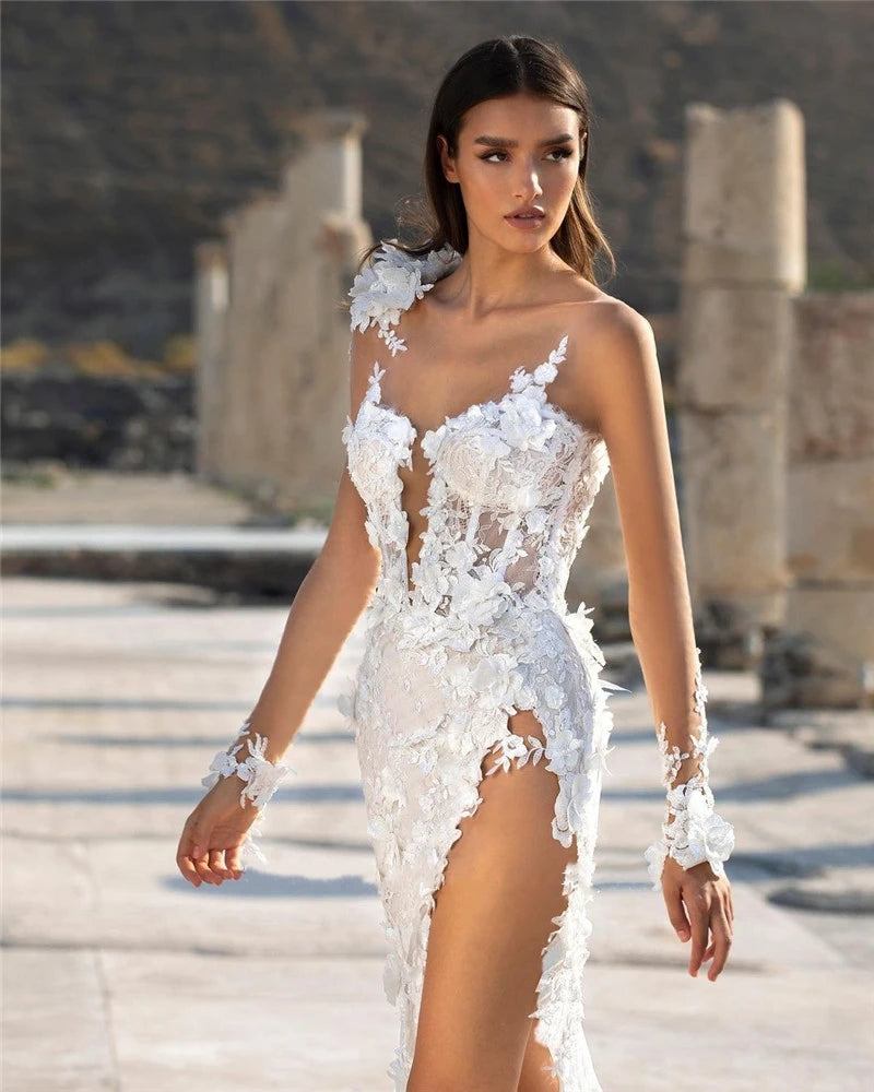 White Bridesmaid Dresses: Modern Lace Wedding Dress Side Split Backless