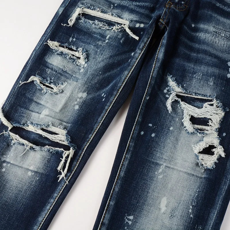 Men Holes Patchwork Denim Jeans Streetwear Dark Blue Stretch Pants Painted