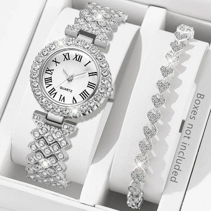 2-piece Ladies' Roman Scale Full Diamond Quartz Watch Heart Bracelet Accessory Set Suitable For Daily Wear