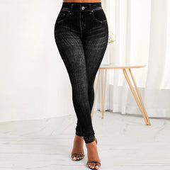 Women's Faux Denim Jeans High Waist Pants Ladies Casual Stretchy Skinny Trousers