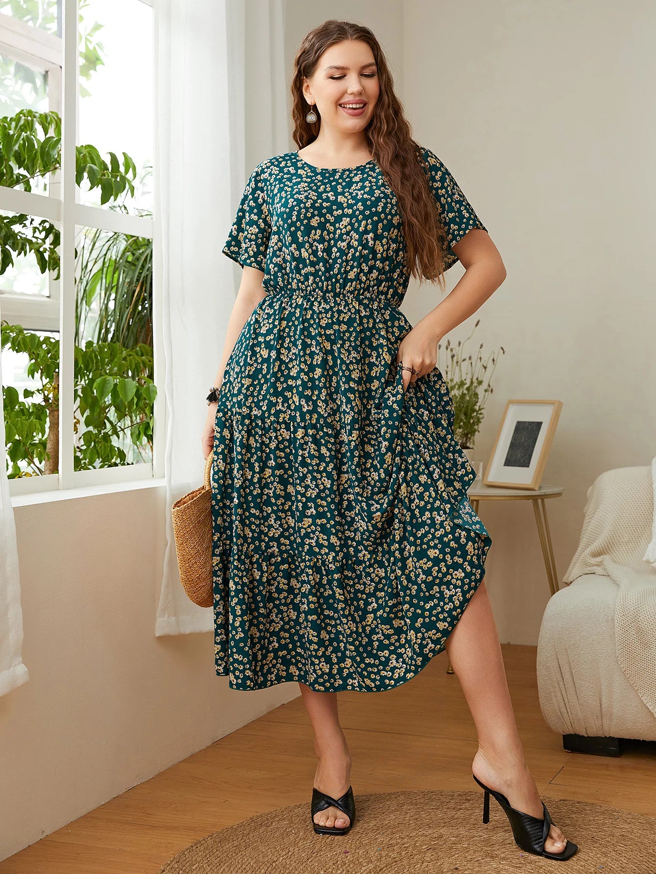 Trendy Big Size Women's Clothing Dress Summer O-Neck Floral Print Midi Dresses Party Elegant Casual Ladies Plus Size Long Dress