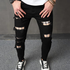 Men Streetwear Ripped Patch Slim Jeans Trousers Stylish Male Holes