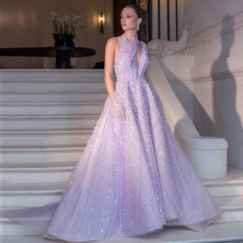 Sharon Said Luxury Beaded Dubai Lilac Evening Dresses for Women Wedding Party 2024 Elegant Long Arabic Prom Formal Gowns SS329