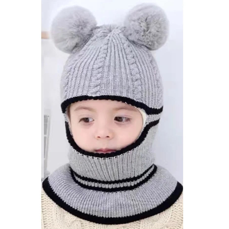 2-4year kid's knitted hat winter warm woolen hat  mask scarf one-piece