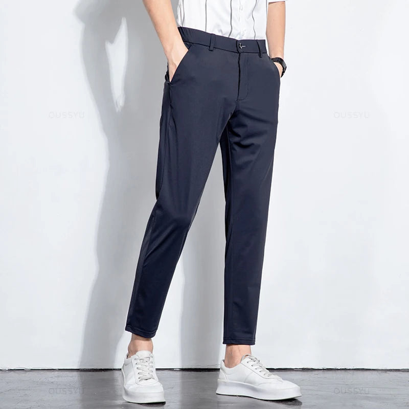 Summer Stretch Ankle-Length Suit Pants Men Thin Business Solid Color