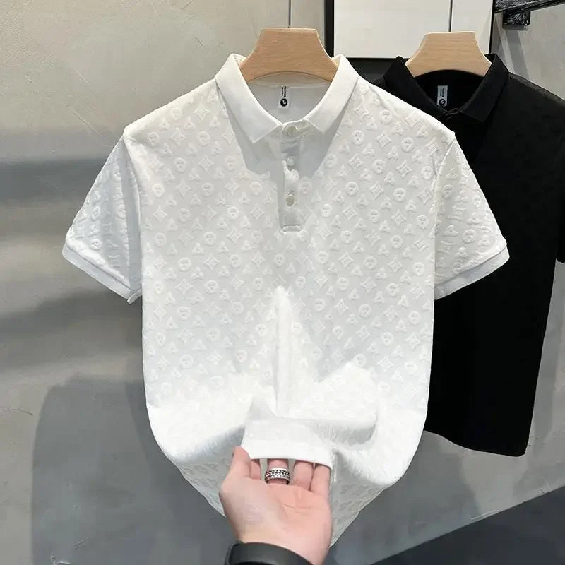Summer New Men's Lop-up Hollow Short-sleeved Polo Tee Shirt Ice Silk Breathable Business Fashion T-Shirt Male Brand Clothes