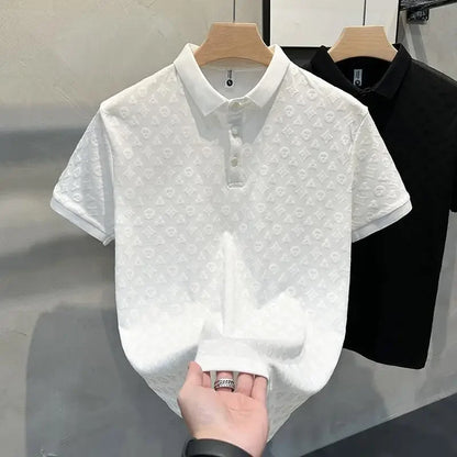 Summer New Men's Lop-up Hollow Short-sleeved Polo Tee Shirt Ice Silk Breathable Business Fashion T-Shirt Male Brand Clothes