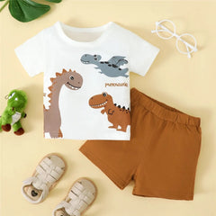 0-3 Years Infant Baby Boy 2PCS Set Cartoon Dinosaur White Short Sleeve Top+Brown Shorts Cute Sport Style Handsome Fashion Outfit