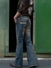 Men Flared Baggy Jeans Bootcut Leg Distressed Patchwork Denim Pants