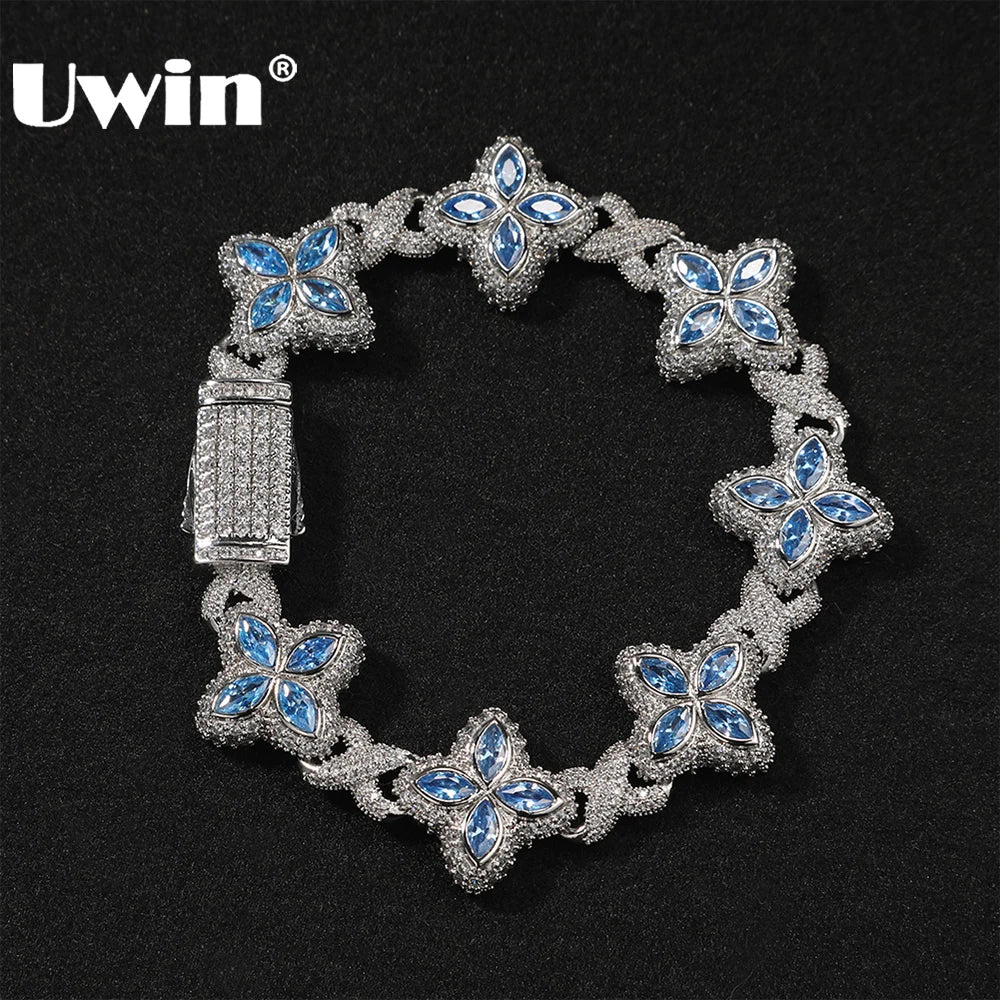 UWIN Iced Baby Blue Baguettecz Floral Infinity Bracelets for Women Men Cubic Zirconia Cuban Link Chain Anklets Fashion Jewelry