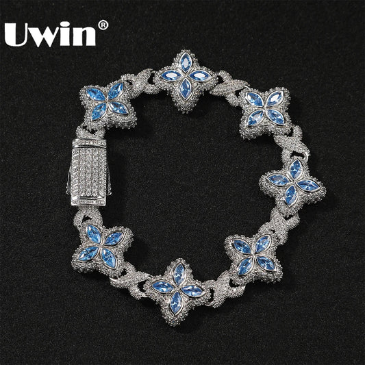 UWIN Iced Baby Blue Baguettecz Floral Infinity Bracelets for Women Men Cubic Zirconia Cuban Link Chain Anklets Fashion Jewelry