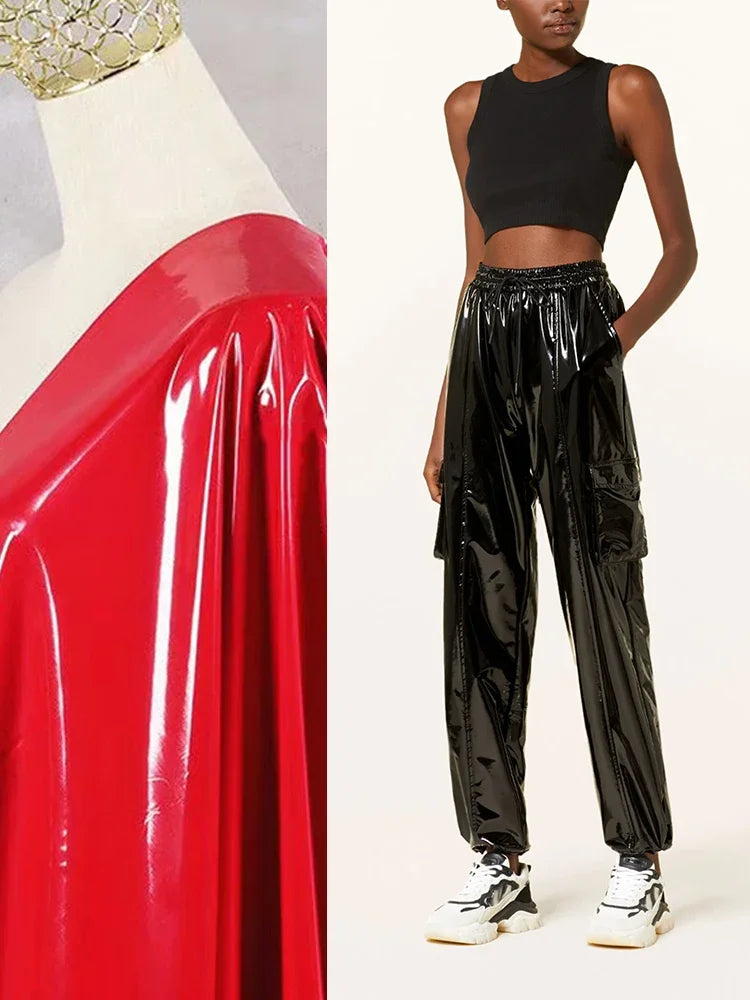 Casual High Waist Faux Latex Cargo Pants Women Shiny Patent Leather Drawstring
