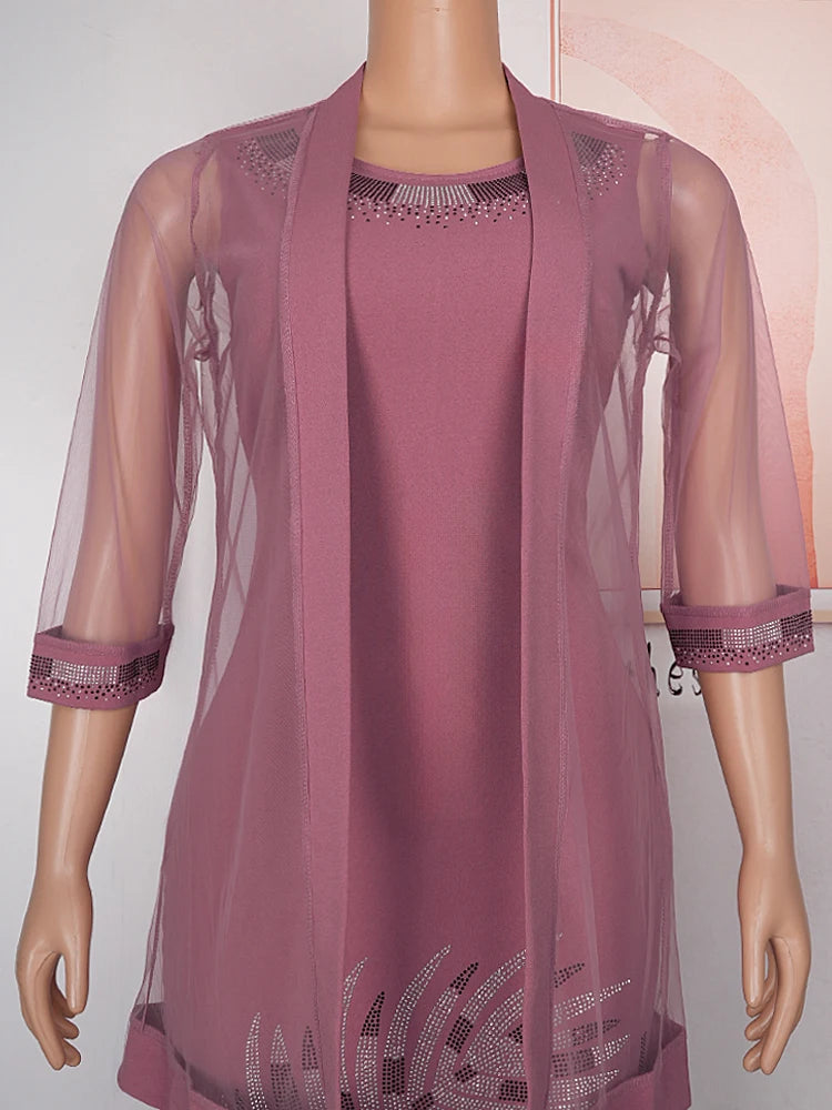 Formal attire Dresses: Dresses For Women Dubai African Mesh Coat And Bodycon