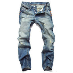 Blue Straight Button Men's European And American Fashion Ripped Regular Fit Denim