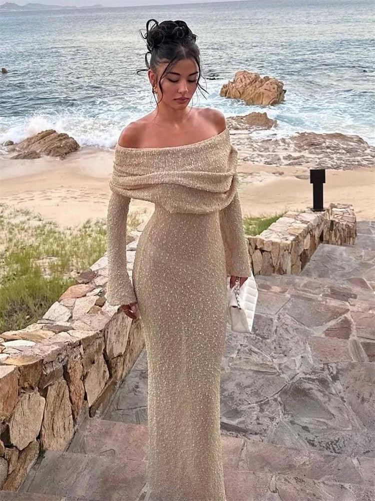 Tossy Knit Hollow Out Off-Shoulder Maxi Dress Female Cover up See-Through Sleeve