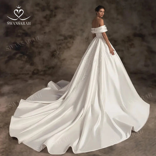 White Bridesmaid Dresses: Wedding Dress Satin Beading A-Line Court Train Princess